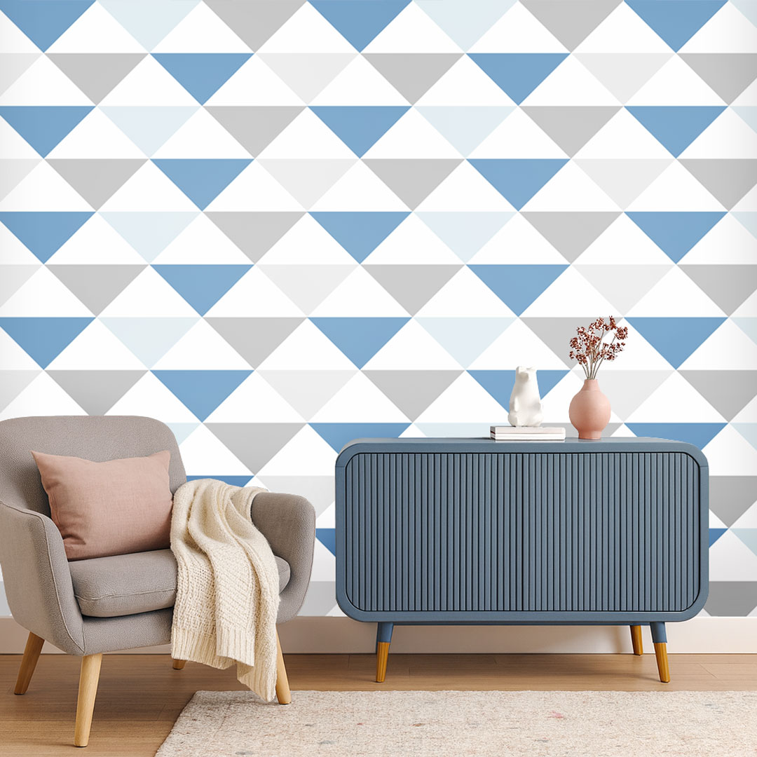 Geometric wallpaper with triangles 33 cm (white-grey-blue triangles) - Dekoori image 2
