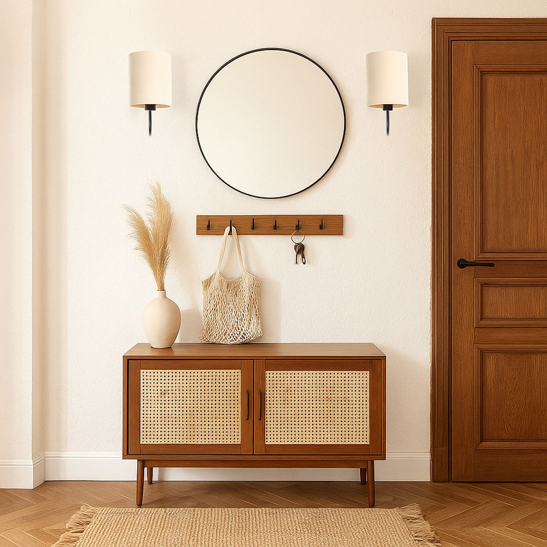 Light cream boho style wall lamp with cylindrical linen lampshade - BOHO - BPS Koncept image 2