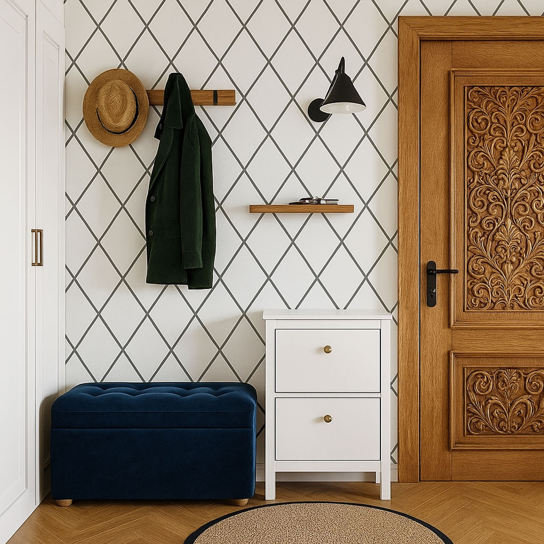 Loft white wallpaper with grey, graphite pattern NET, diamonds, contour - Dekoori image 2
