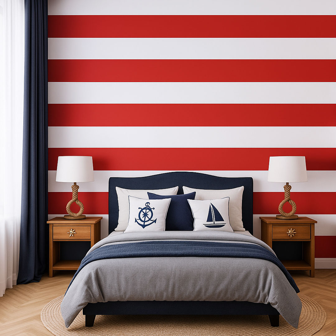 White and red horizontal striped wallpaper 20 cm - Dekoori image 2