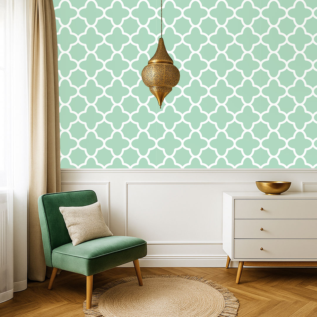 Mint and white quatrefoil oriental pattern wallpaper - Dekoori image 2