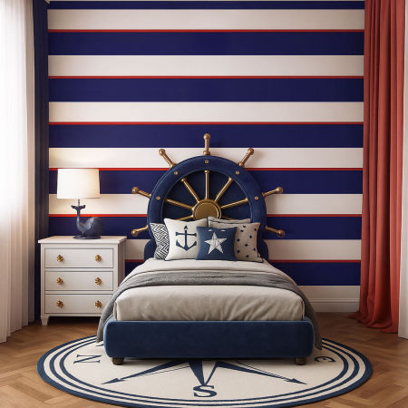 Nautical wallpaper with white-navy blue-red (18-20-2 cm) horizontal stripes
