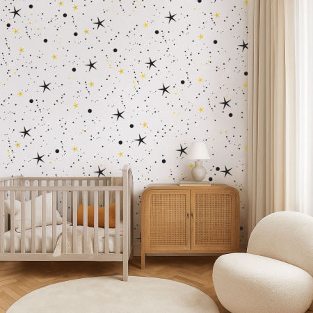White wallpaper with black and mustard dots and stars