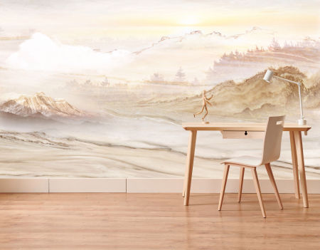 Beige wallpaper, sand desert, sunrise, mountains, forest, boho style