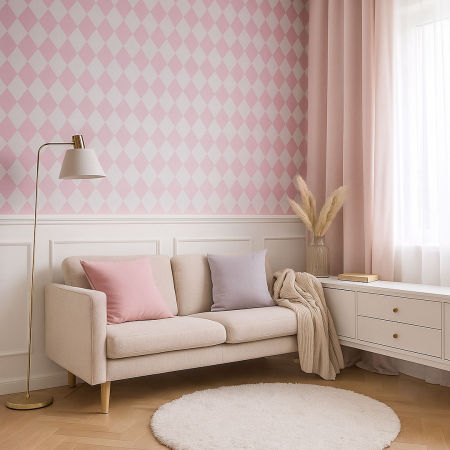 White and light pink mini harlequin wallpaper