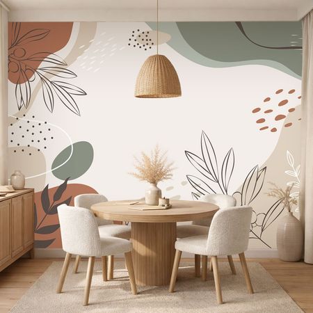 Artistic decorative wallpaper, olive branches in beige and green, abstract shapes, boho style