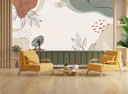 Artistic decorative wallpaper, olive branches in beige and green, abstract shapes, boho style