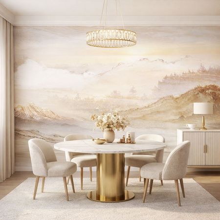 Beige wallpaper, sand desert, sunrise, mountains, forest, boho style