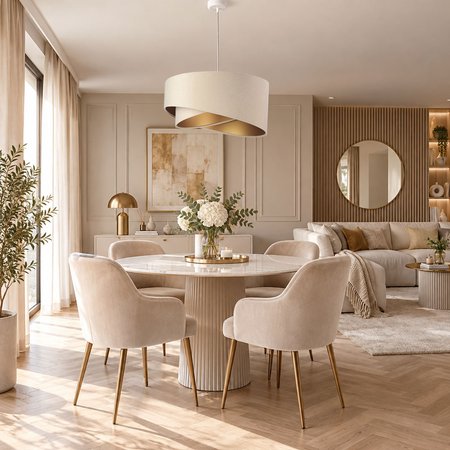 Beige pendant lamp with round asymmetrical velour lampshade with gold interior - SAMANTHA