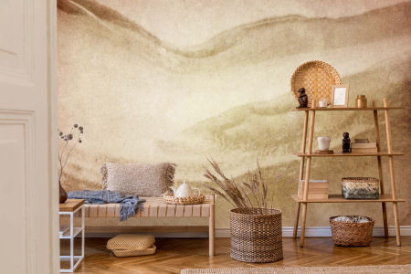 Beige wallpaper in boho style, imitation of worn and aged canvas - sandstorm