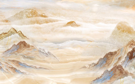 Beige and blue mural, mountain tops in clouds, painterly and boho style