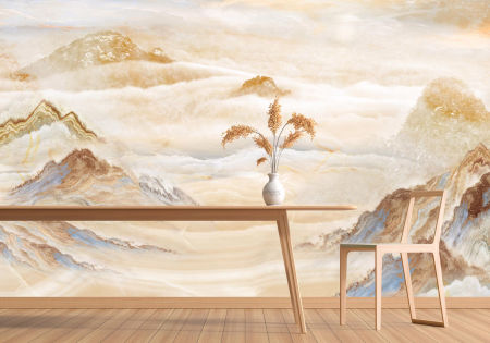 Beige and blue mural, mountain tops in clouds, painterly and boho style