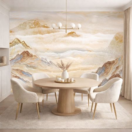 Beige and blue mural, mountain tops in clouds, painterly and boho style
