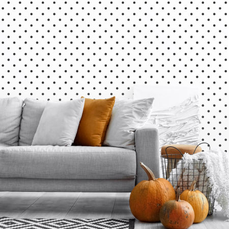 White wallpaper with black mini pin-up 2 cm dots, polka dots