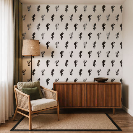 Black cactus design (10 x 20 cm) white wallpaper with vegetal pattern