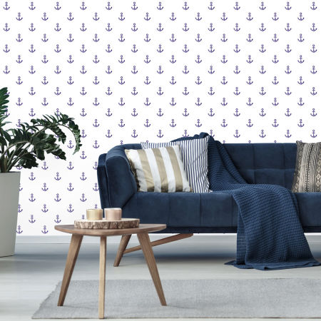 White, nautical marine (sea design with navy blue anchors) wallpaper