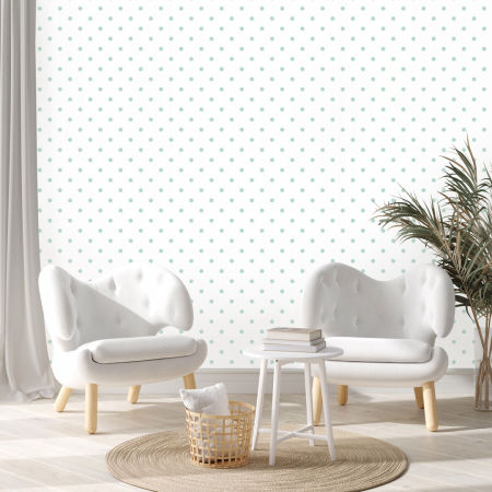 White and mint mini 2 cm dots wallpaper