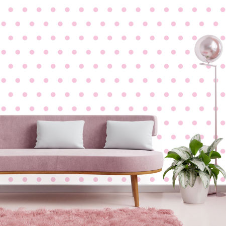 White wallpaper with 5 cm pink dots