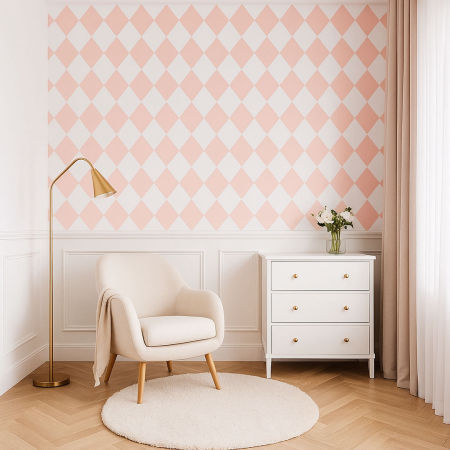 White and light salmon pink harlequin wallpaper
