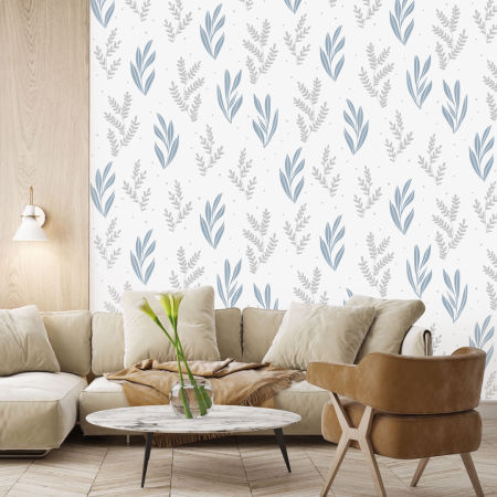 Boho wallpaper with grey and blue underwater plants on a light grey background