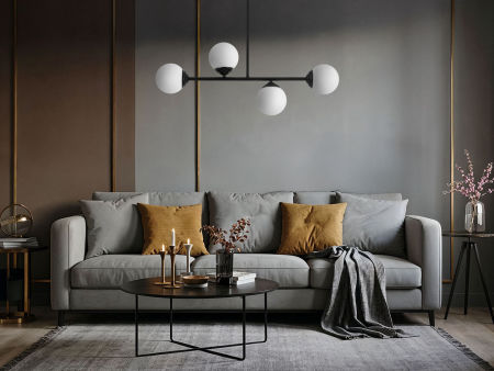 Black tube pendant lamp with white glass globe shades - FINO