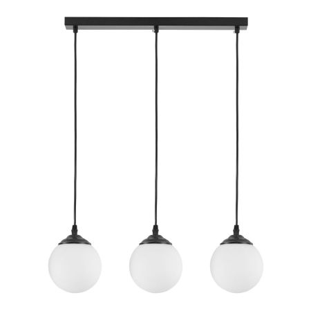 Black triple pendant lamp over dining table or kitchen island, white spheres - FINO