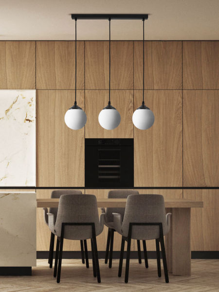 Black triple pendant lamp over dining table or kitchen island, white spheres - FINO