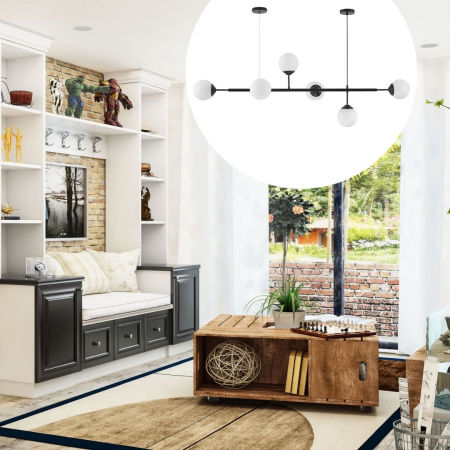 Black chandelier, spherical shades, pendant lamp, horizontal tube, two round rosettes - FINO