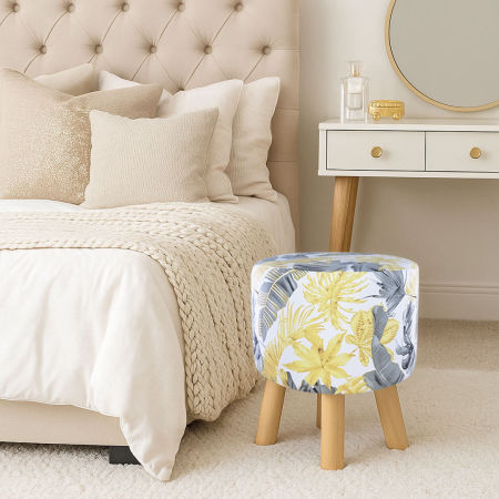 Designer bedroom pouffe in glamour style, gold and grey palm leaves on a white background