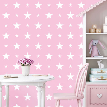 Pink wallpaper with white 15 and 7 cm stars
