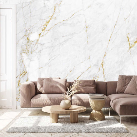 Elegant wallpaper, white marble with gold veining, vinyl and fleece