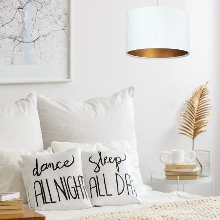 White pendant light with velour cylinder-shaped lampshade with gold lining - LILY