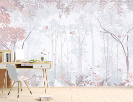 Pastel wallpaper in beige tones, enchanted forest with ferns, birds and butterflies