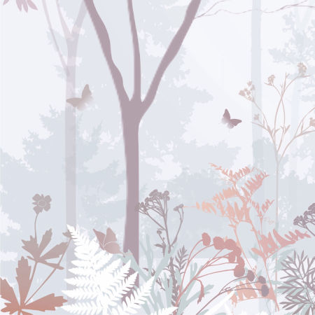 Pastel wallpaper in beige tones, enchanted forest with ferns, birds and butterflies
