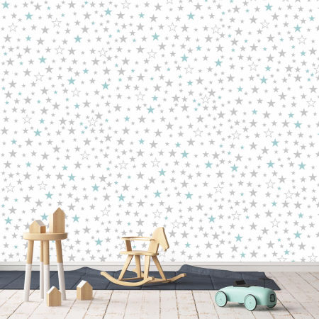 White wallpaper with pastel grey and teal 4-6-8 cm stars for children