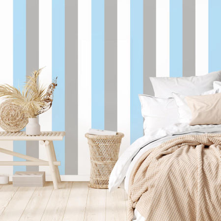 White, grey and blue wallpaper vertical striped (stripes:16,6 cm) wallpaper