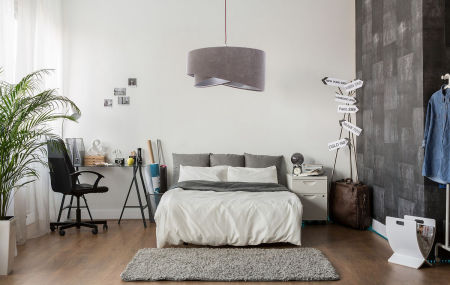 Grey ceiling pendant light, asymmetrical velour lampshade with silver interior - TAMI