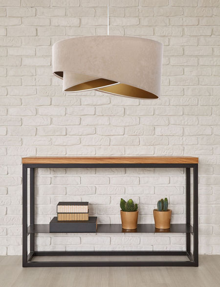 Beige pendant lamp with round asymmetrical velour lampshade with gold interior - SAMANTHA