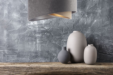 Grey and beige pendant lamp with asymmetrical velour lampshade with gold and silver interior - LAVANIA