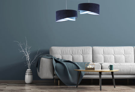 Navy blue and light blue pendant lamp with asymmetrical velour lampshade with white inside - LORES