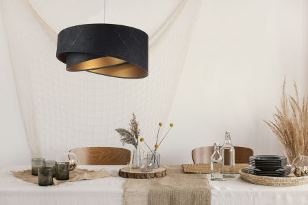 Black and gold asymmetrical pendant lamp with velour lampshade, marble pattern - MAGMA