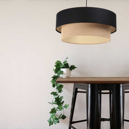 Beige and black pendant lamp, double jute and satin lampshade with cream interior, BOHO style