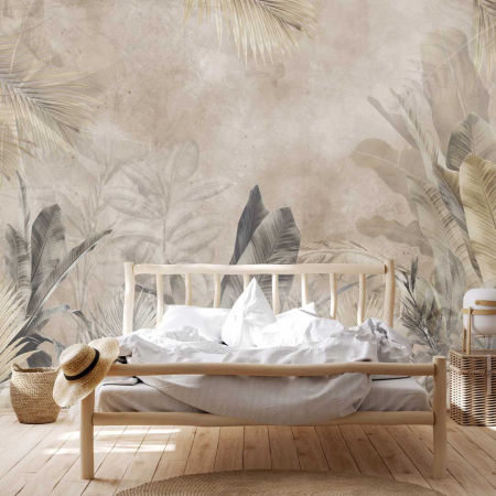 Beige wall mural, photo wallpaper: jungle, palm and banana leaves, boho style