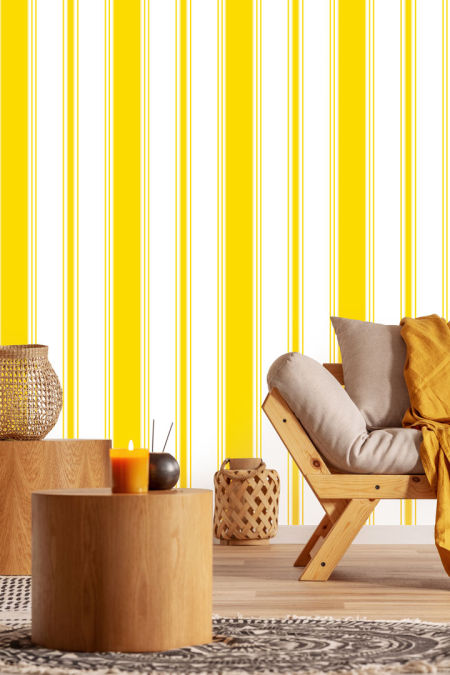 Wallpaper with vertical stripes in white and yellow colours