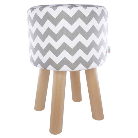 White and grey pouf/pouffe/hassock with ZIG-ZAGS wooden stool Scandinavian style loft