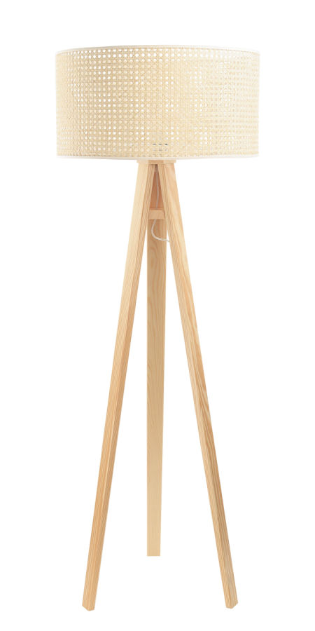 Natural boho style floor lamp with rattan cylinder-shaped lampshade on tripod - ROTANG