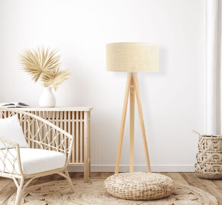 Natural boho style floor lamp with rattan cylinder-shaped lampshade on tripod - ROTANG