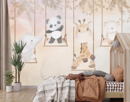 Beige children's wall mural, cheerful animals on a swing, elephant, panda, giraffe, bear