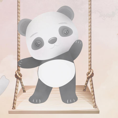 Beige children's wall mural, cheerful animals on a swing, elephant, panda, giraffe, bear