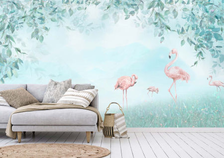 Watercolour decorative wallpaper - pink flamingos on a turquoise meadow
